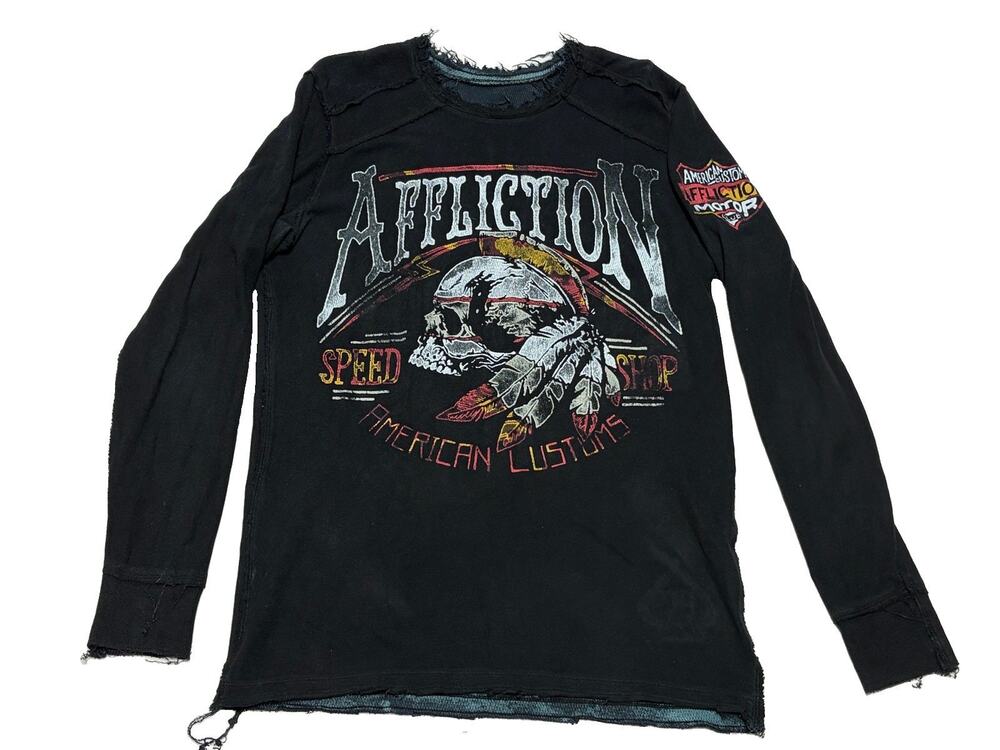 Affliction Distressed Thermal Shirt Mens Large Reversible Graphic Double Sided
